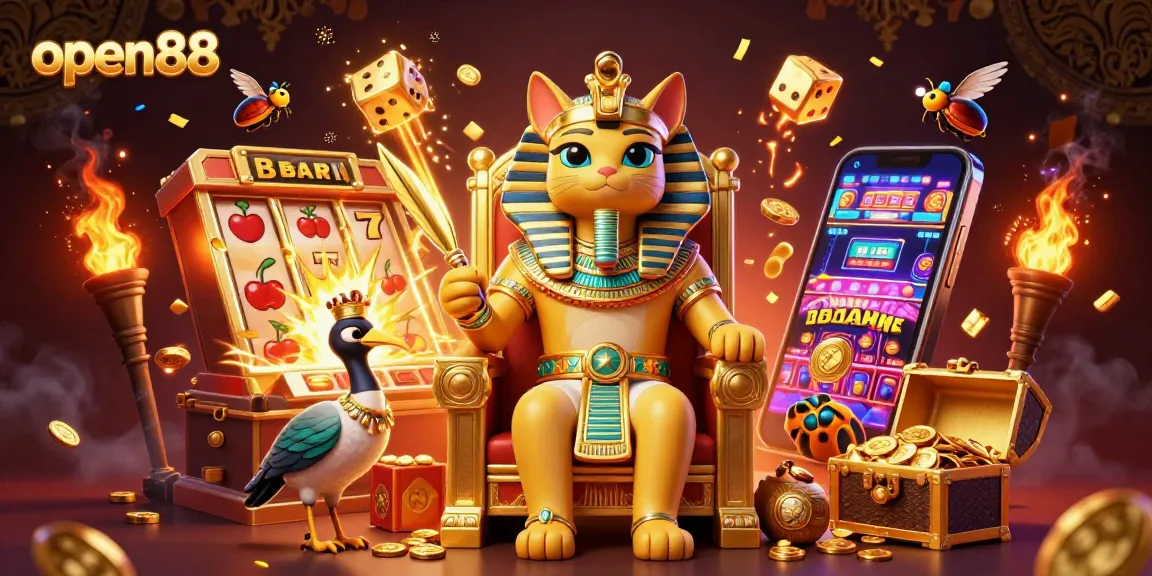 Experience thrilling slots at open88 with vibrant gaming elements and a dynamic golden ambiance.