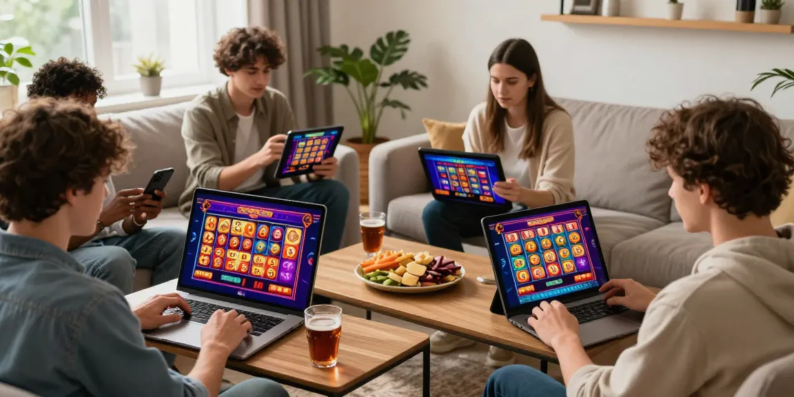 Para pemain di DIANA4D memainkan togel dan slot online dengan antusias di ruang tamu yang nyaman.