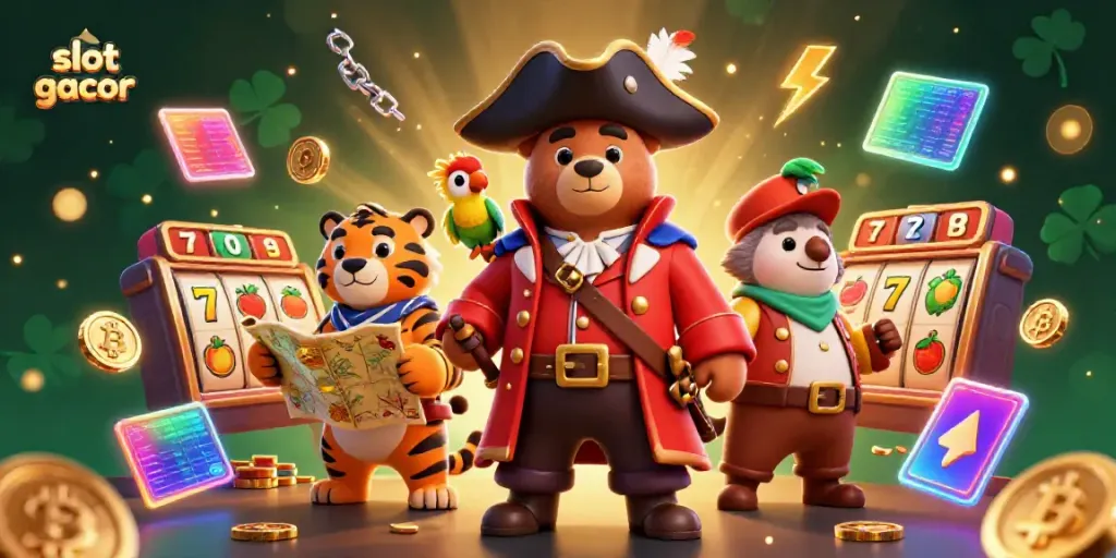 Win big with slot gacor featuring a joyful pirate captain bear and his fierce tiger mate in a vibrant casino scene.