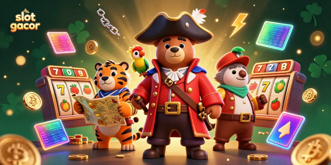 Win big with slot gacor featuring a joyful pirate captain bear and his fierce tiger mate in a vibrant casino scene.