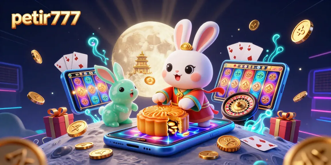 Experience the thrill of petir777 with a vibrant 3D illustration depicting playful moon rabbits and casino treasures.