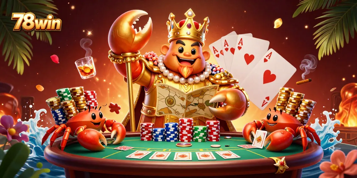 Experience the thrill of 78win with a cartoon crab emperor ruling a vibrant casino scene.