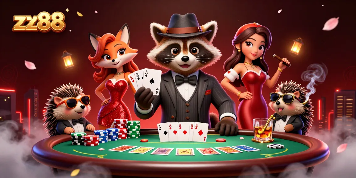 Experience thrilling gameplay at zx88 with a suave raccoon, elegant fox, and vigilant hedgehog amidst vibrant poker elements.