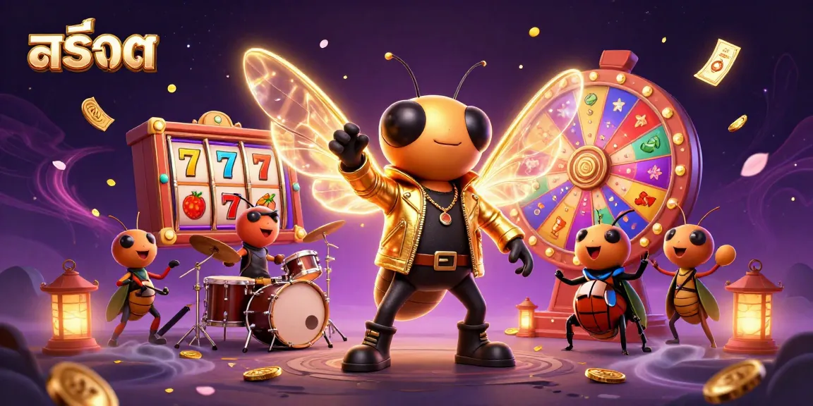 Spin vibrant สล็อต reels with a cicada rock star in a dynamic casino scene.