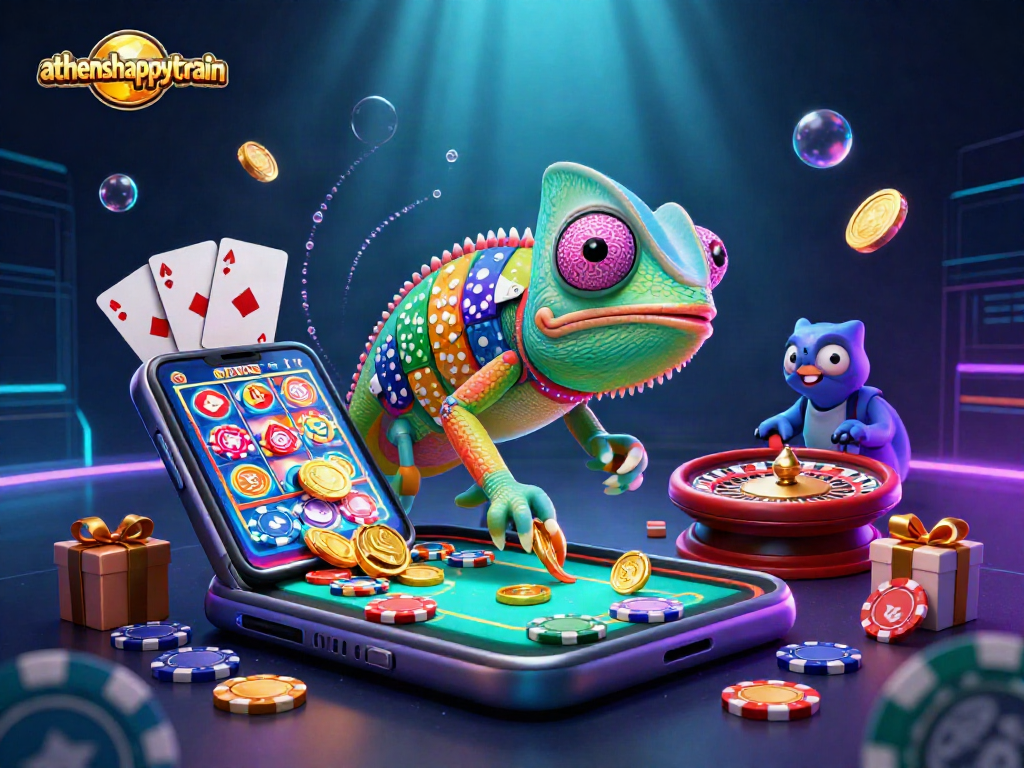 Spin to win with athenshappytrain's engaging casino scene featuring colorful slot games and vibrant characters.