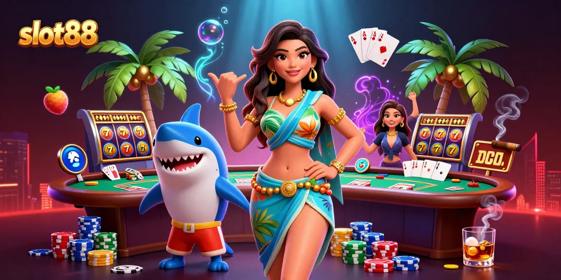 Experience slot88 excitement with a glamorous beach goddess and playful shark amidst vibrant slot game elements.