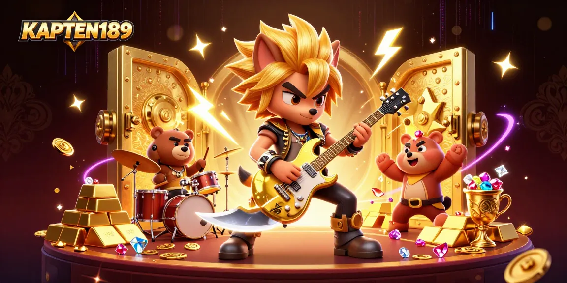 KAPTEN189 menghadirkan aksi kasino seru dengan karakter rock star yang menghibur di panggung dengan harta emas dan permata tersebar di sekitarnya.