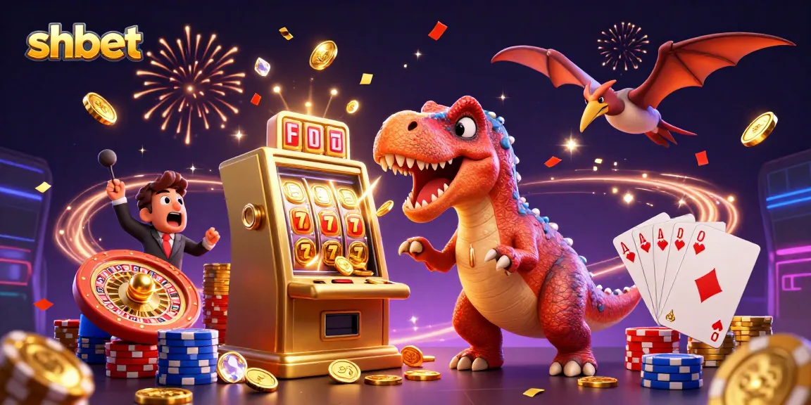 shbet players celebrating big wins as a dinosaur headsbutts a slot machine surrounded by coins and colorful elements