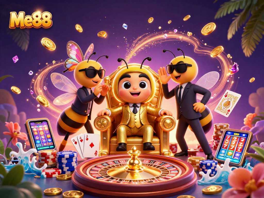 Experience Me88's thrilling gaming action with a bumblebee mob boss and vibrant casino chaos.
