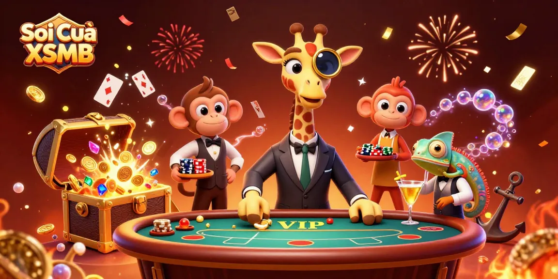 Exciting scene with high-roller giraffe and monkey valet at a Soi Cầu XSMB themed casino table.