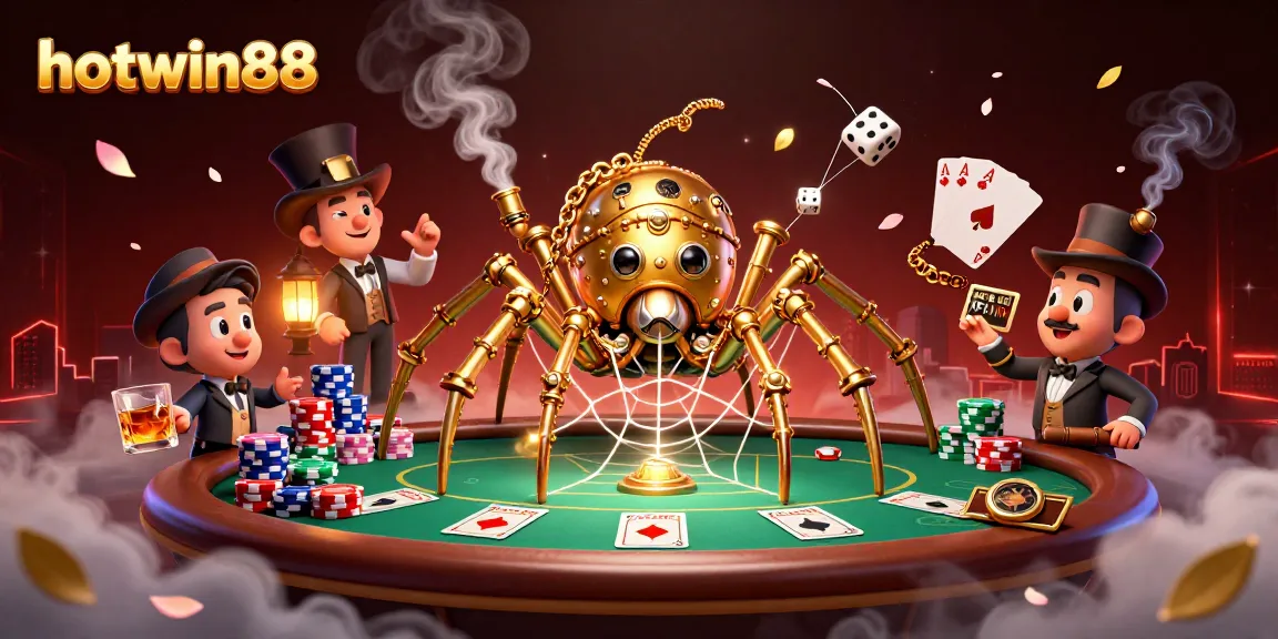 Engage with thrilling wins at hotwin88 with an adventurous steampunk spider and poker elements.