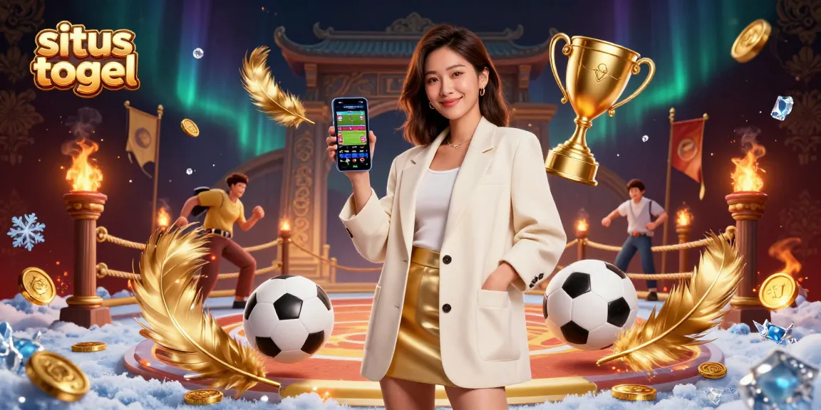 Situs togel betting strategies illustrated by an Asian woman engaging with a sports betting app amidst rich casino elements.