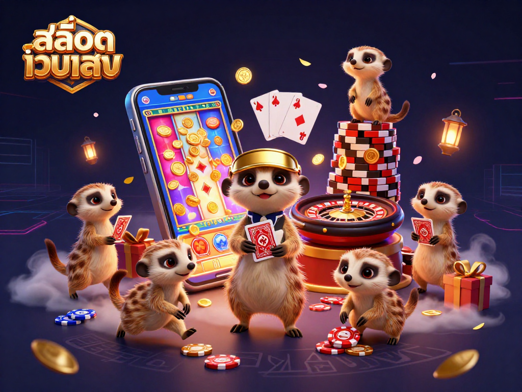 Engage with สล็อตเว็บตรง as meerkats operate a colorful casino in an exciting 3D scene.