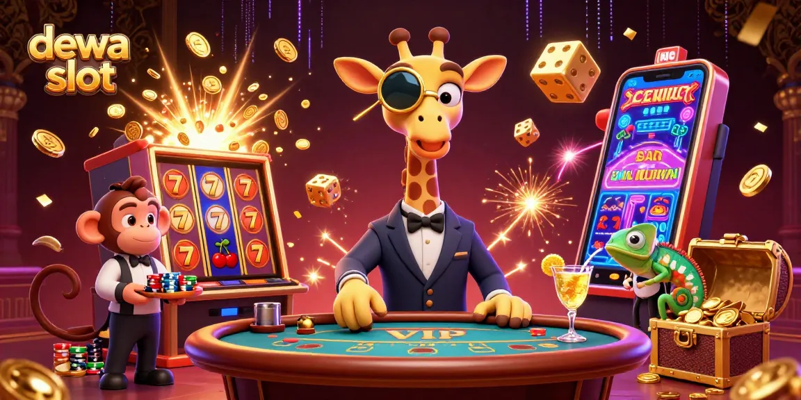 Dewa slot players enjoying a vibrant casino atmosphere with characters amidst exploding slot machine jackpots.