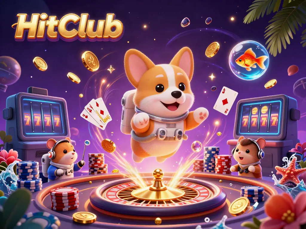 Experience HitClub's immersive gaming dynamics with floating coins and sparkling wins in a cosmic casino.