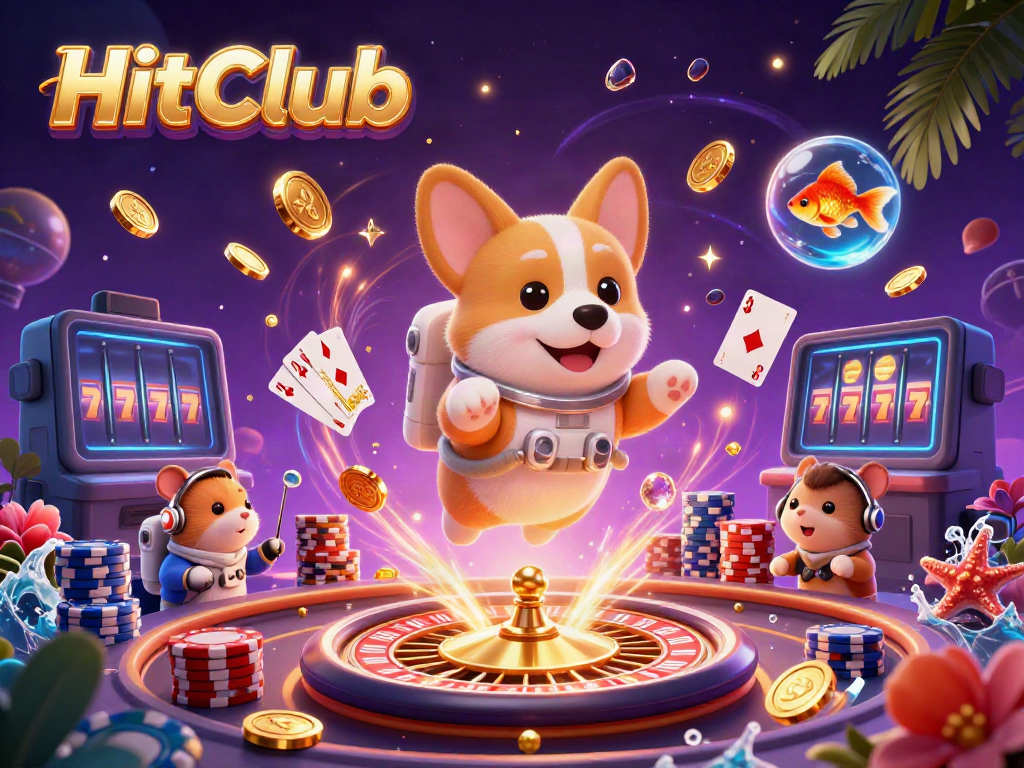 Experience HitClub's immersive gaming dynamics with floating coins and sparkling wins in a cosmic casino.
