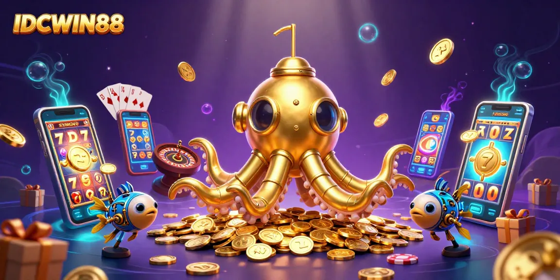 Experience thrilling gameplay with IDCWIN88 slot demo and golden kraken submarine in a sea of coins.