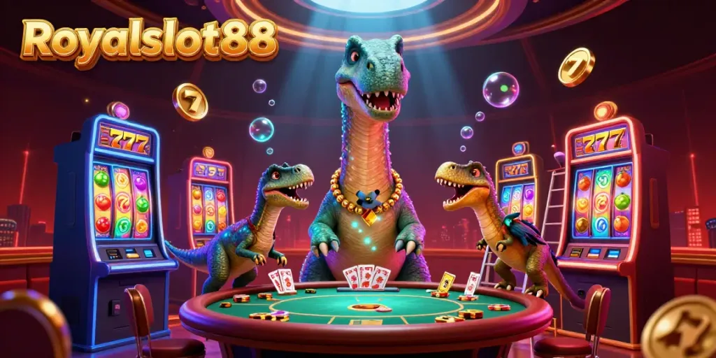 Permainan yang menarik di Royalslot88 menampilkan brontosaurus dan raptor dengan elemen kasino.