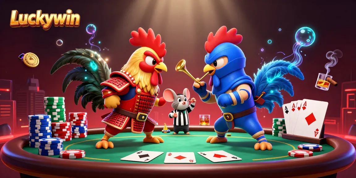 Experience high-stakes action at Luckywin with epic roosters battling amidst poker chips and thrilling gameplay.