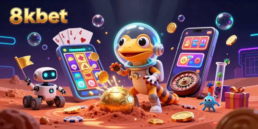 Experience the thrill of 8xbet with a Martian gecko discovering casinos on Mars.
