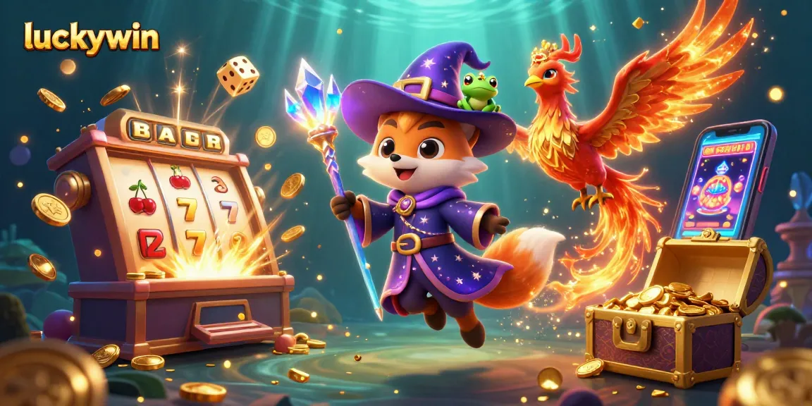 Experience luckywin excitement with vibrant 3D illustration of jackpot slots and magical casino atmosphere.