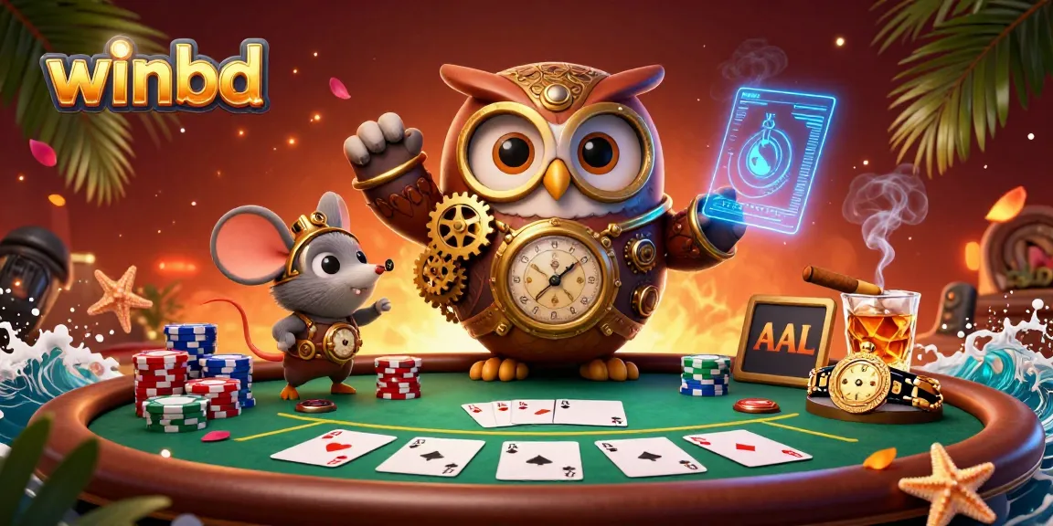 Experience thrilling gameplay at winbd with a time-traveler owl and a poker scene full of vibrant casino elements.