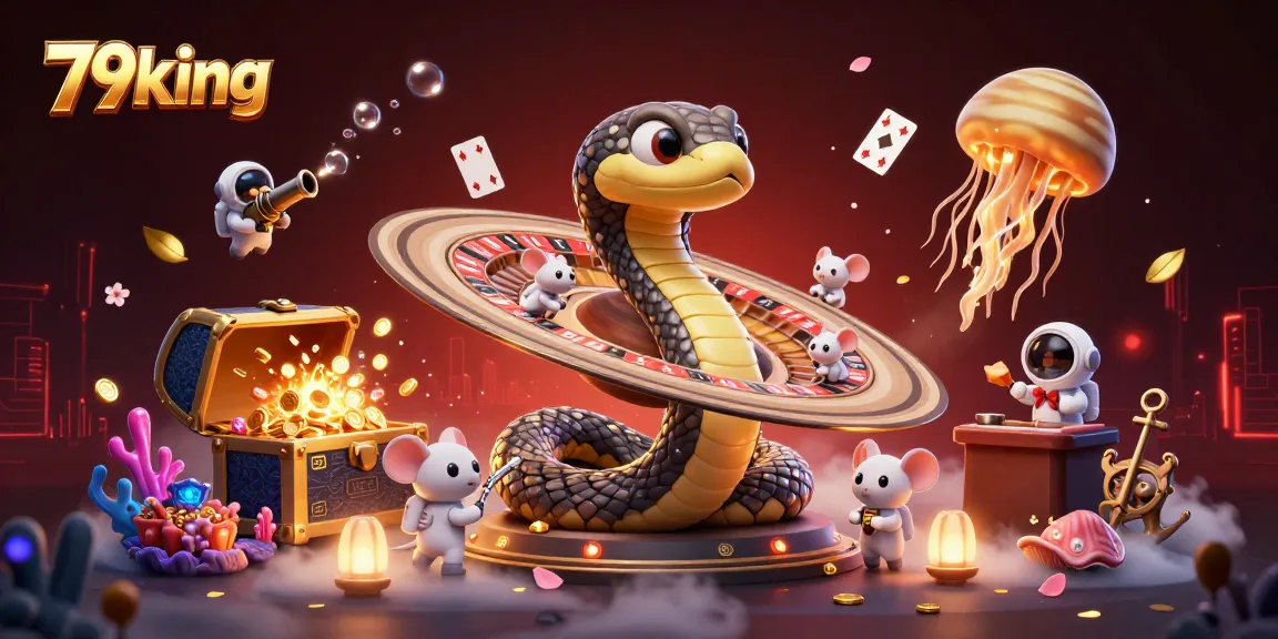 Engaging illustration of 79king’s cosmic theme with a roulette wheel, astronaut mice, and vivid coral elements.