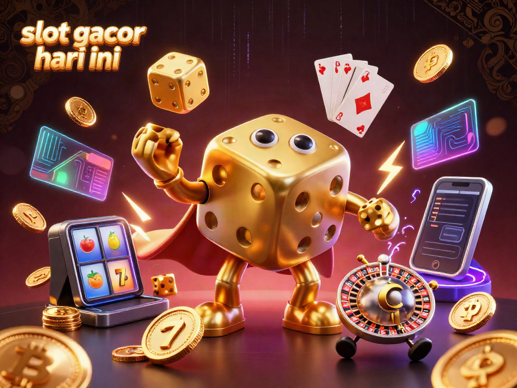 Menggoda mesin slot gacor hari ini dengan ilustrasi 3D megah menampilkan golem dadu emas dan simbol keberuntungan.