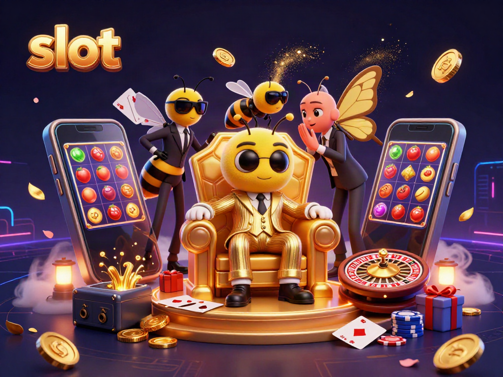 Engaging 3D scene with a cozy bumblebee mob boss surrounded by slot game elements, vibrant and dynamic.