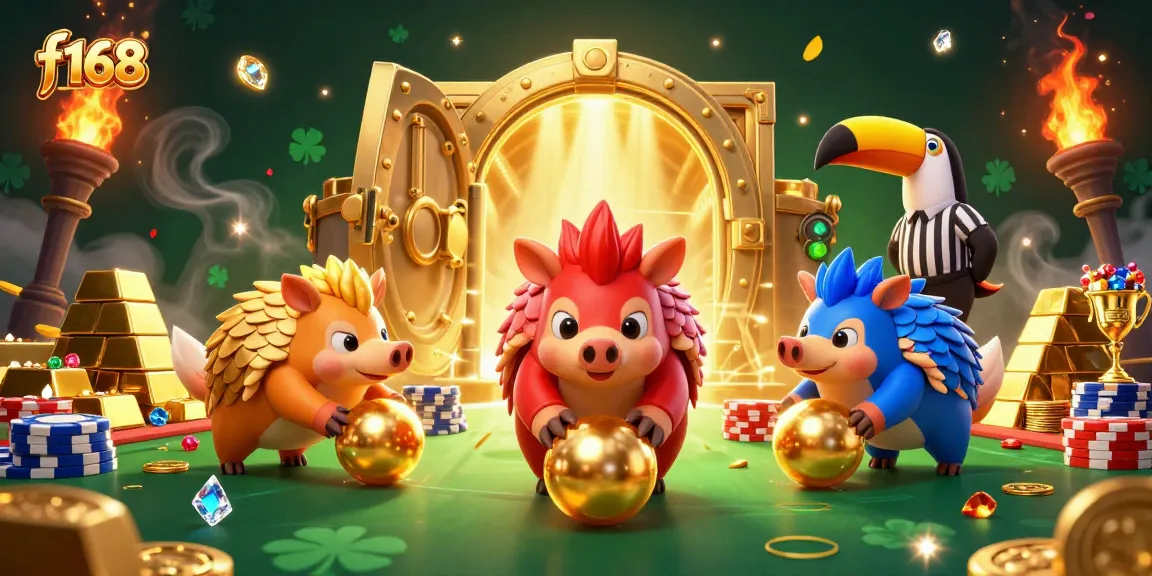 Experience thrilling gameplay with f168 as rival pangolins compete amid poker chips and golden treasures.