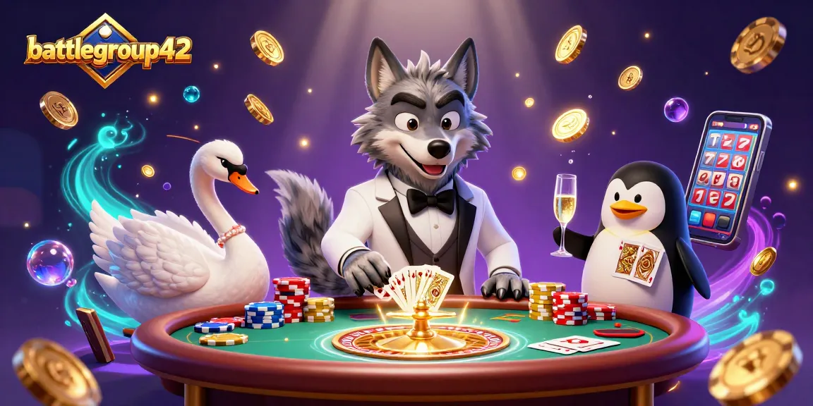 Experience elite gaming at battlegroup42 with animated characters enjoying casino thrills.