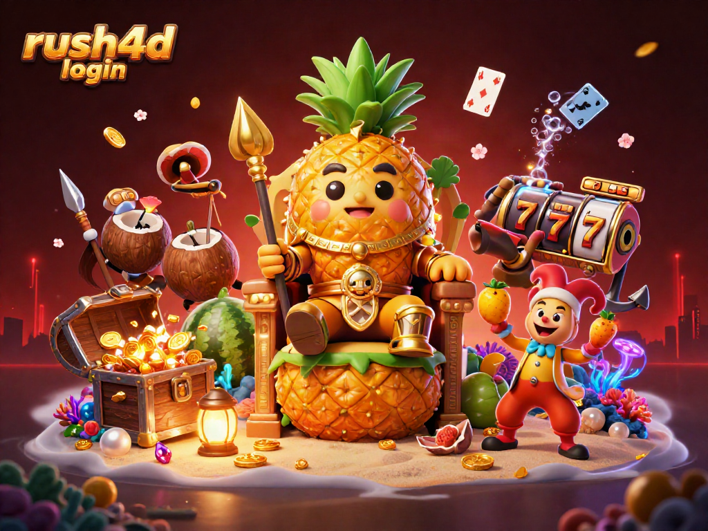 Masuk ke rush4d login untuk mengeksplorasi kasino 3D dengan raja nanas dan elemen permainan menarik.