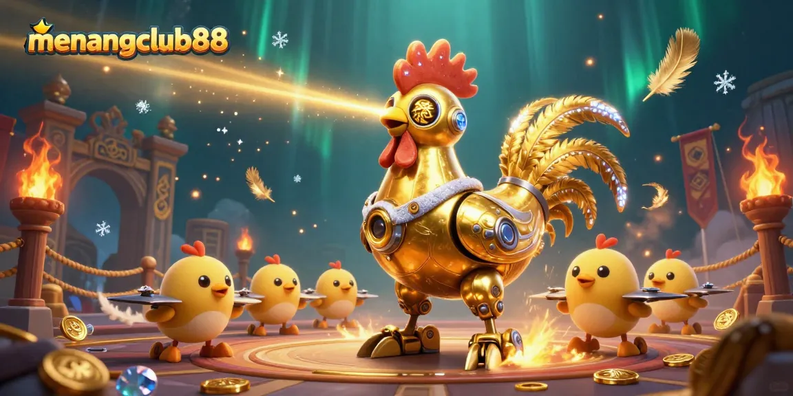 Experience the excitement of menangclub88 with a golden rooster robot and baby chick drones in a dynamic casino scene.