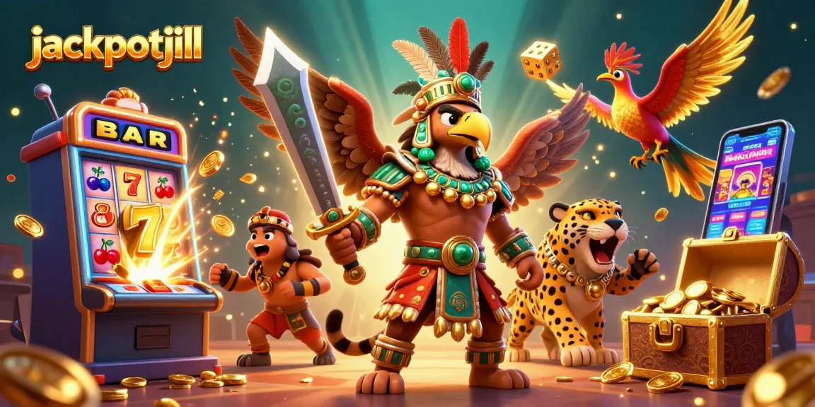 Experience thrilling wins with jackpotjill as Aztec warriors celebrate slot victories amidst a treasure overflow.