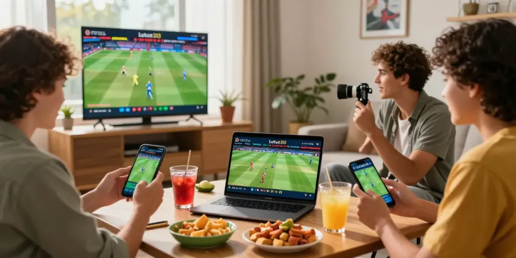 Lotus365 betting scene with friends enjoying live sports and snacks in a cozy environment.