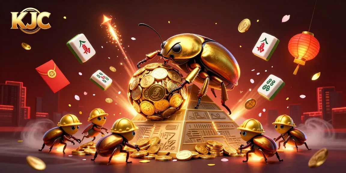 KJC gambling scene with a golden beetle rolling coins, surrounded by festive casino elements.