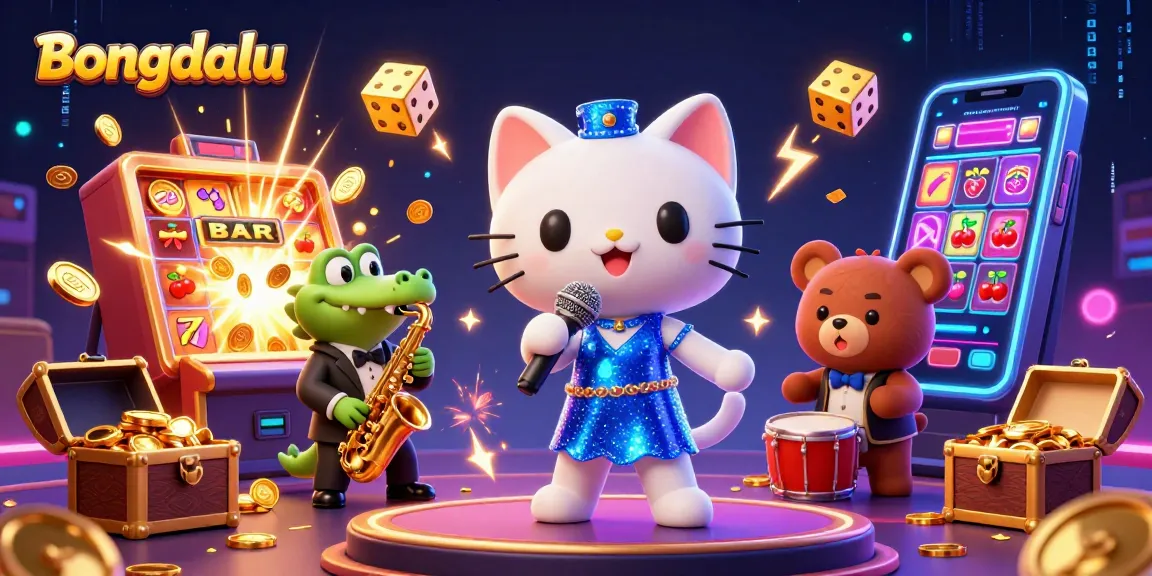 Bongdalu showcases a vibrant casino scene with animated characters celebrating a jackpot amidst colorful slot elements.