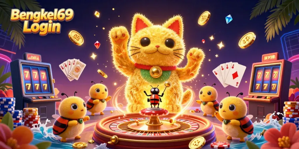 Experience the excitement of gambling with the vivid Bengkel69 Login illustration featuring a lucky cat and vibrant casino elements.