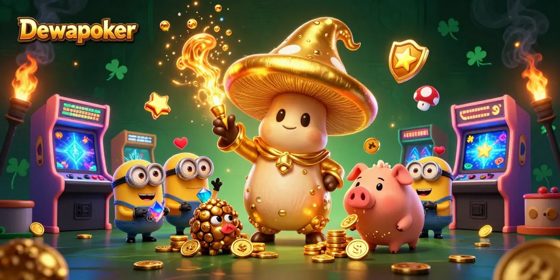 Dewapoker shines in vibrant 3D art, showcasing a wizard and treasure-hunting pig amid dazzling gaming elements.