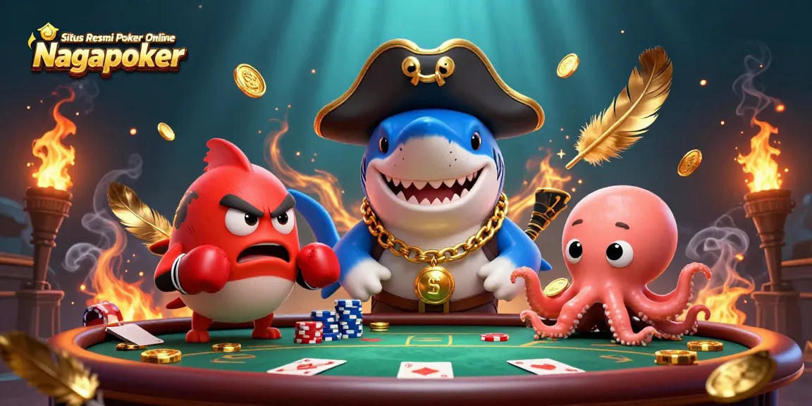 Situs Resmi Poker Online Nagapoker showcases a lively poker scene with characters engaged in a dynamic game.
