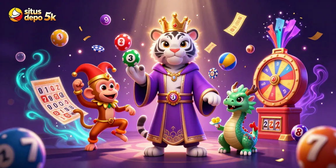 Experience situs depo 5k with a vibrant 3D illustration of playful casino elements and characters.