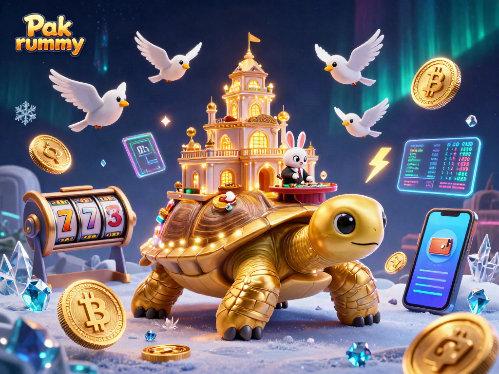 Engage with Pak rummy in this vibrant 3D illustration featuring a casino on a golden tortoise's shell.