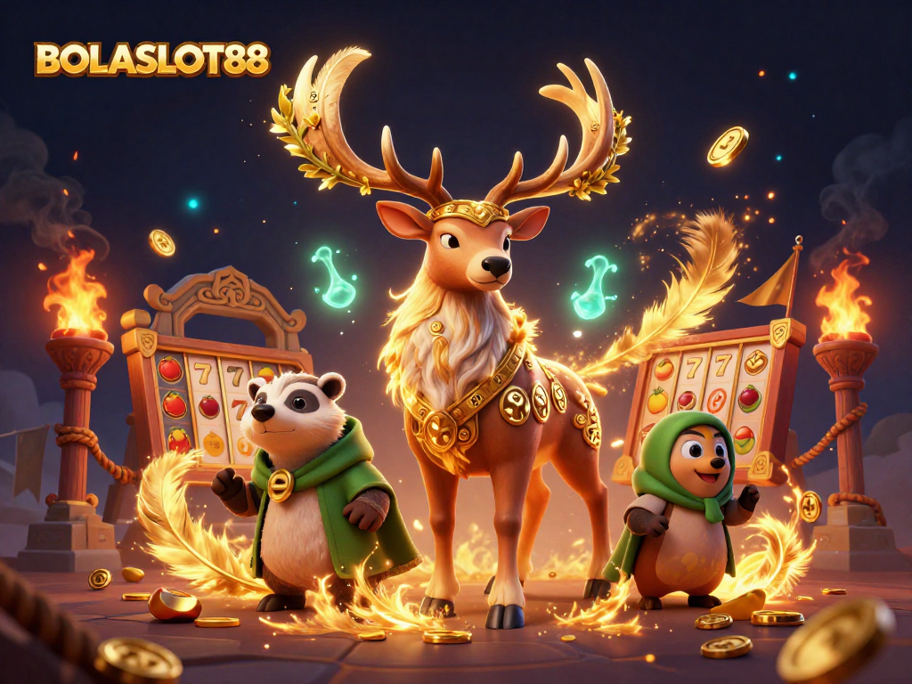 BOLASLOT88 showcases an enchanting 3D scene of gaming magic with slot reels, tokens, and glowing characters.