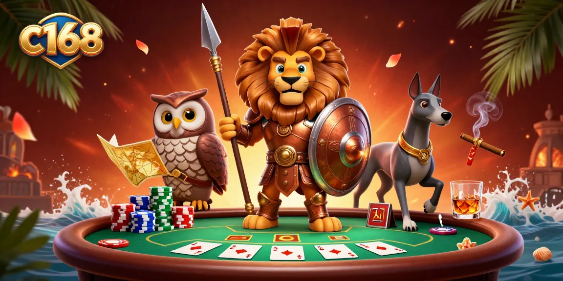 Experience high-stakes poker action with c168's dynamic gaming scene featuring epic characters.
