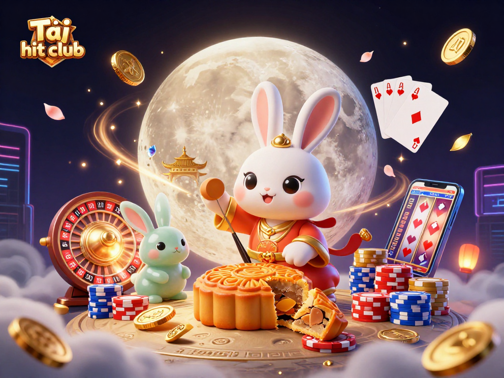 Engage in thrilling moments at Tải hit club with a lively scene featuring a moon rabbit and casino elements.