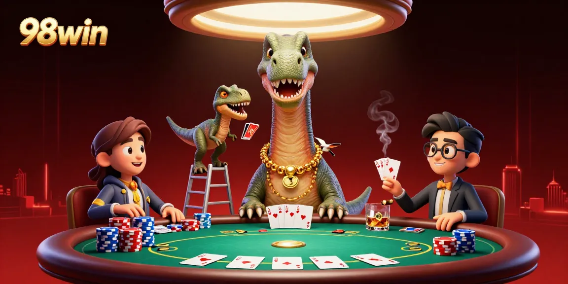 Experience a vibrant casino scene featuring 98win with a brontosaurus and raptor at the poker table.