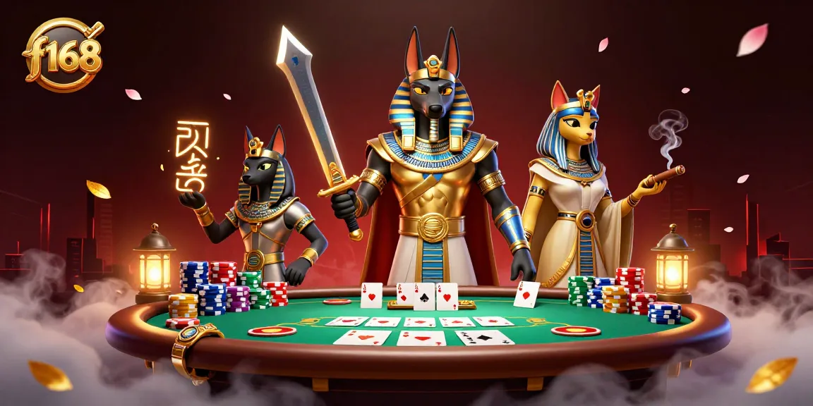 Engage in thrilling gameplay at f168 with Anubis and Bastet amidst casino elements and glowing hieroglyphs.