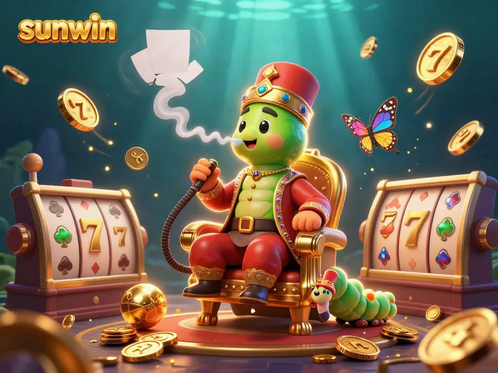 Experience the vibrant world of sunwin with engaging slot reels and a whimsical caterpillar hookah-master.