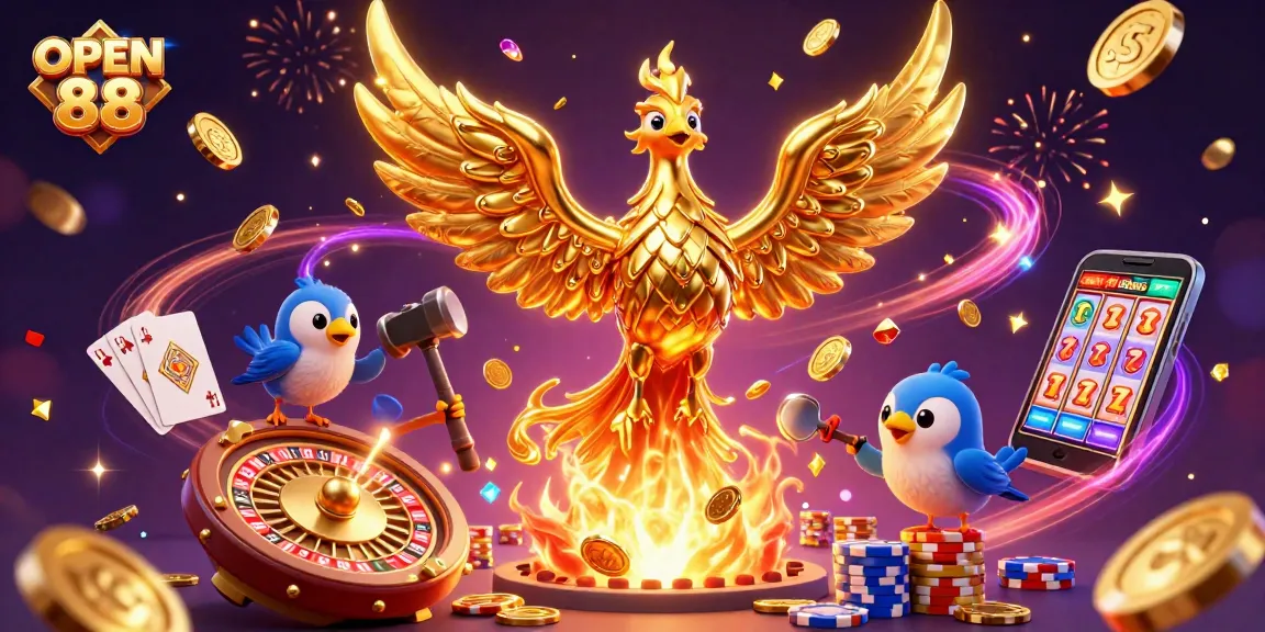 Engage with OPEN 88 as the golden phoenix emerges while cascading coins and gems ignite the casino experience.