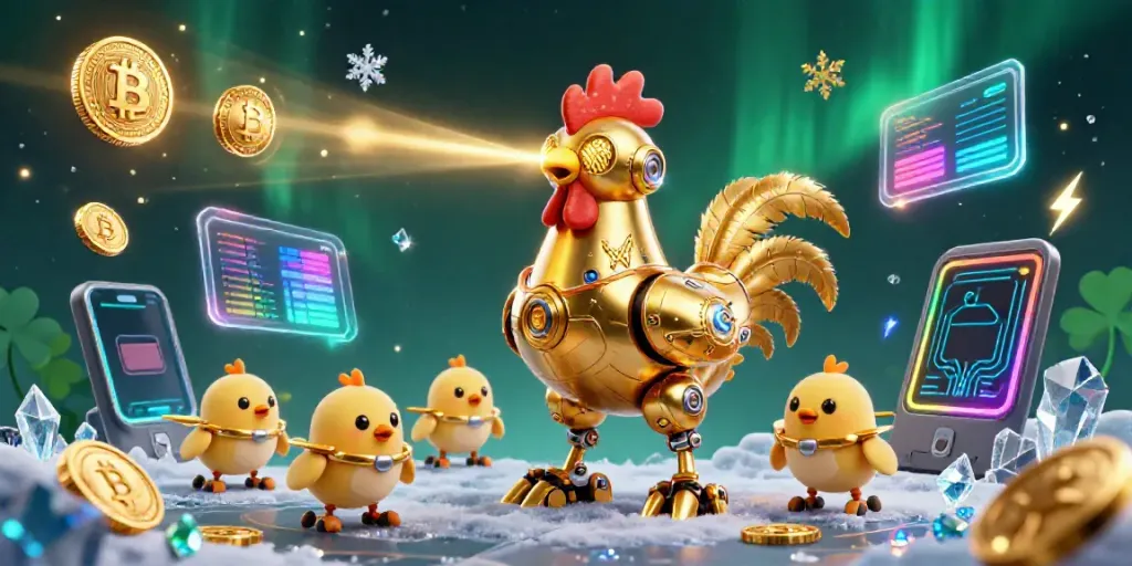 Bet on bento4d with a vibrant scene showcasing a golden rooster robot and cryptocurrency elements.